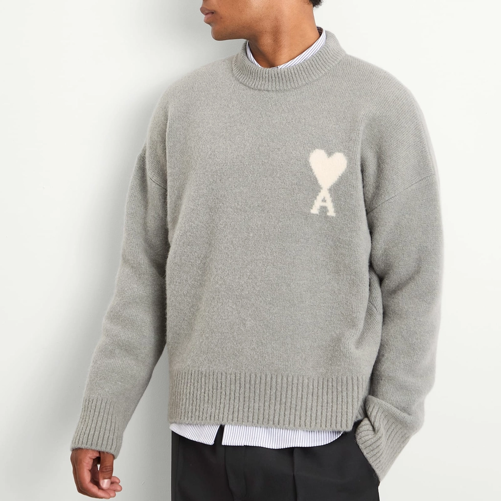 AMI Paris Men's Alpaca Knit ADC Crew Neck Jumper Gris/Ecru
